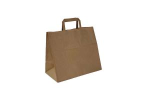 Bruine take-away recycled papieren draagtassen met platte handgrepen (kleine minimale afname!): 32x17x25cm Take-away