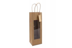 Twisted papieren wijnflestas met venster en hangtag: 12x10x35cm